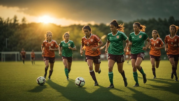 Een groothoekopname van een vrouwelijk voetbalteam dat speelt op een weelderig groen veld