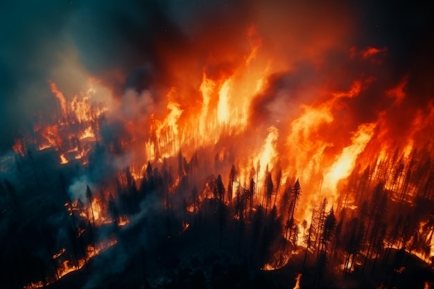 Een grootschalige bosbrand bovenaanzicht Het bos brandt Ecologische ramp natuurramp