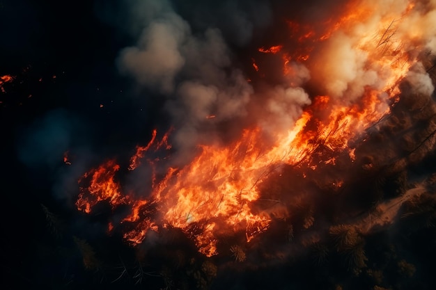 Een grootschalige bosbrand bovenaanzicht Het bos brandt Ecologische ramp natuurramp