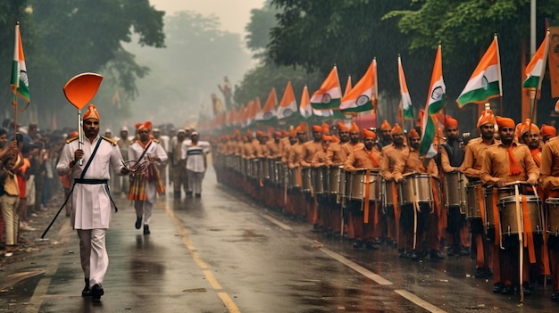 Een grootse parade met fanfares, kleurrijke praalwagens en patriottische optredens die de