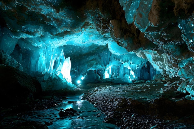 een grot gevuld met veel blauw water