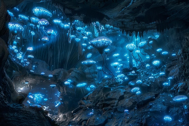 een grot met blauwe lichten en een blauwe vis erin