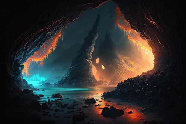 Een grot met een blauw en oranje licht en het woord grot op de bodem