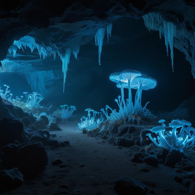 een grot met een blauwe kwallen en een blauw licht