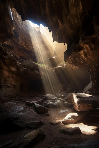 Een grot met een licht dat door het plafond komt