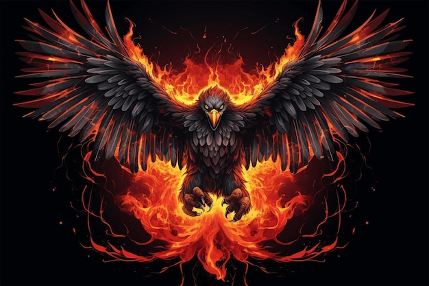 een grote adelaar met uitgestrekte vleugels in een vurige vlam op een donkere