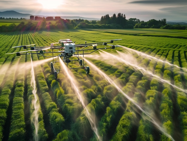 Een grote agrarische drone bespuit gewassen op een veld met precisie tijdens een zonnige dag