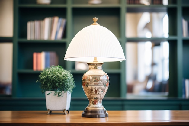 Een grote antieke lamp in een bibliotheek