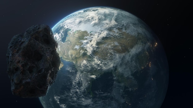 Een grote asteroïde wordt gezien boven een planeet met de aarde op de achtergrond.