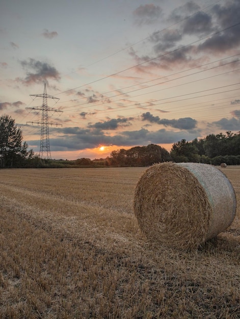 Een grote baal hooi ligt in een veld bij zonsondergang.