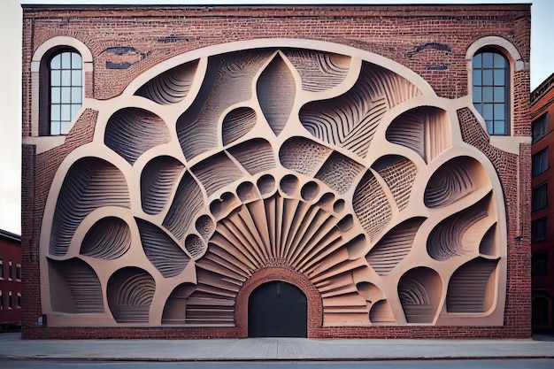 Foto een grote bakstenen muur met een ingewikkeld patroon in een magazijn of fabriek