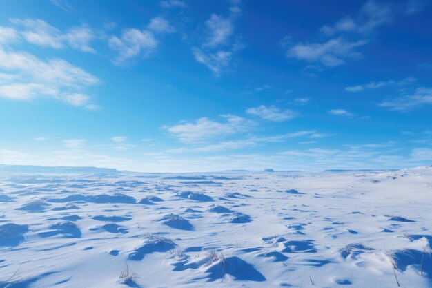 Een grote besneeuwde toendra onder een helderblauwe hemel