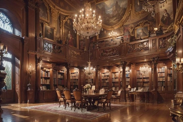 Een grote bibliotheek met een kroonluchter die aan het plafond hangt