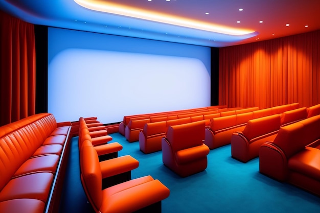Een grote bioscoopzaal met een rode bank en een blauw scherm waarop 'de bioscoop' staat