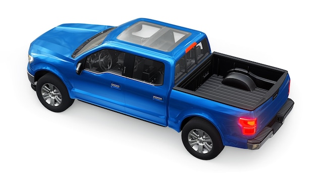 Een grote blauwe moderne pick-up met een dubbele cabine, gloeiende koplampen op een witte uniforme achtergrond. 3D-rendering.