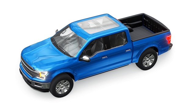 Een grote blauwe moderne pick-up met een dubbele cabine, gloeiende koplampen op een witte uniforme achtergrond. 3D-rendering.