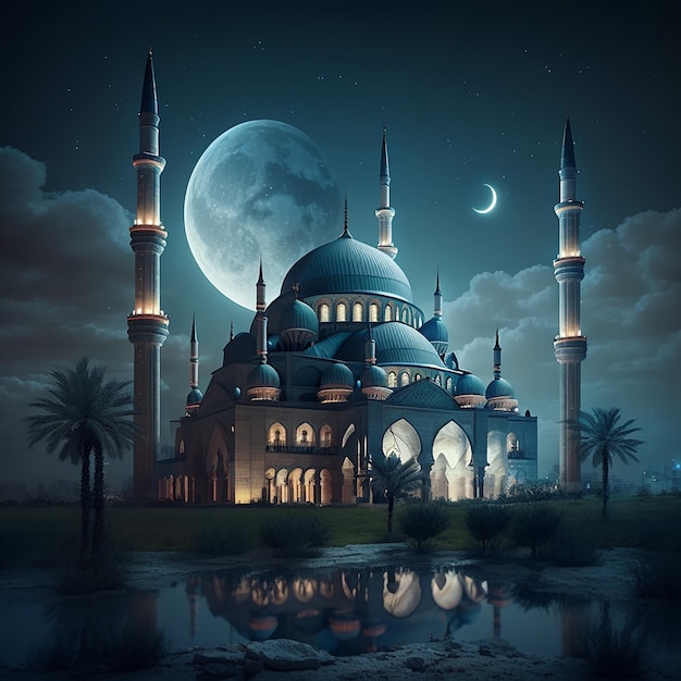 Een grote blauwe moskee met een maan op de achtergrond