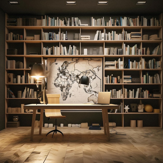 Een grote boekenkast met daarop een wereldkaart