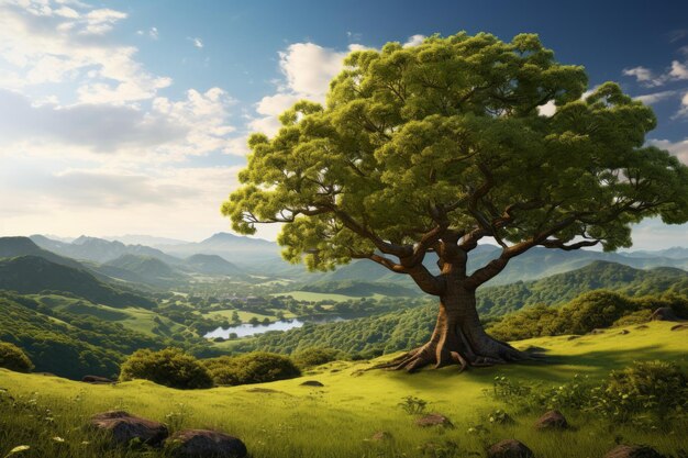 Een grote boom bovenop een heuvel in een bergachtig gebied Prachtig landschap generatieve ai