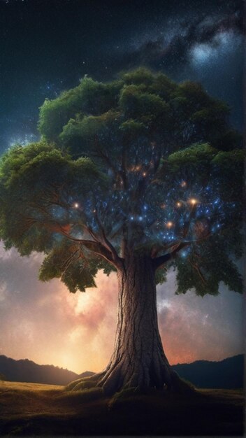 Foto een grote boom met charmante fonkelende lichten tegen de achtergrond van het universum's nachts