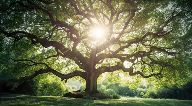 Een grote boom met felle zonnestralen in de stijl van pastorale charme donkergroen en lichtgroen rustig poëtisch combineren van natuurlijke en door de mens gemaakte elementen generat ai