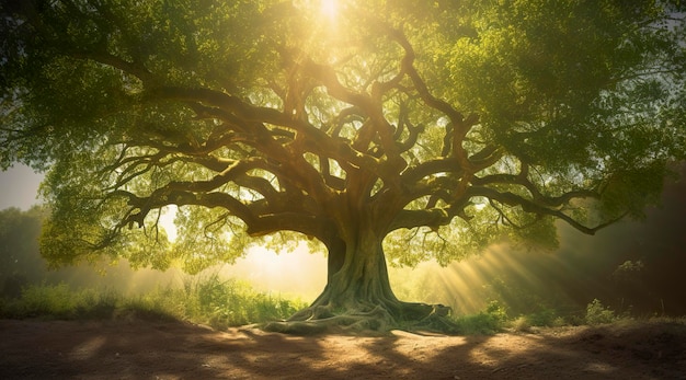 Een grote boom met felle zonnestralen in de stijl van pastorale charme donkergroen en lichtgroen rustig poëtisch combineren van natuurlijke en door de mens gemaakte elementen generat ai