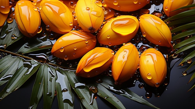 een grote bos gele bloemen met waterdruppels erop.