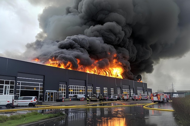 Een grote brand brandt in een gebouw met veel rook die eruit komt en auto's geparkeerd voor