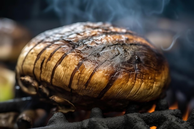 Een grote bruine schaal op een grill waar rook uit komt.