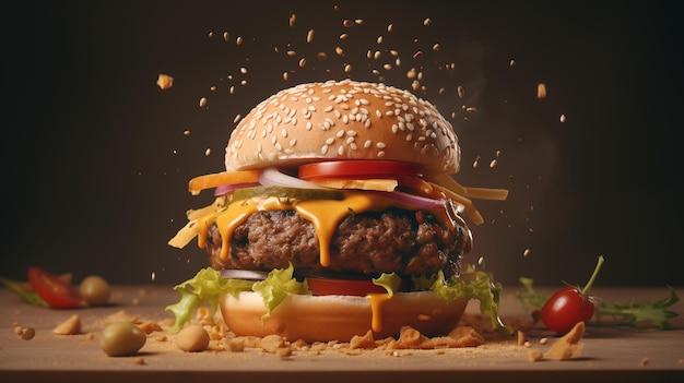 Een grote burger close-up op een donkere achtergrond