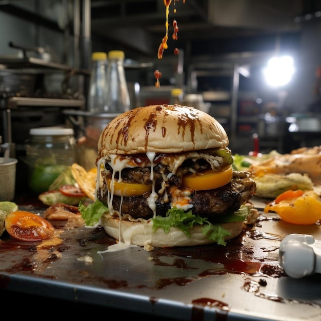 Foto een grote burger zit bovenop een tafel.