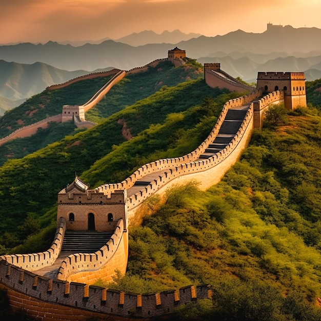 een grote Chinese muur loopt een steile heuvel op