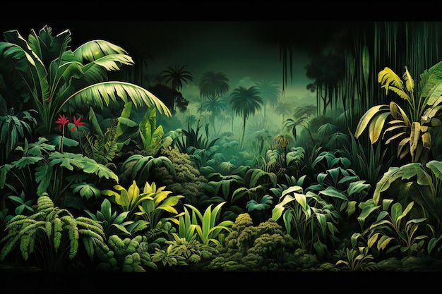 een grote collectie tropische planten in silhouet