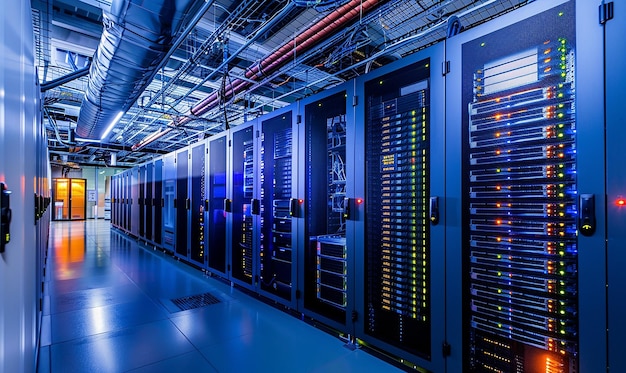 een grote computerkamer met vele rijen computers en een met het woord power aan de onderkant