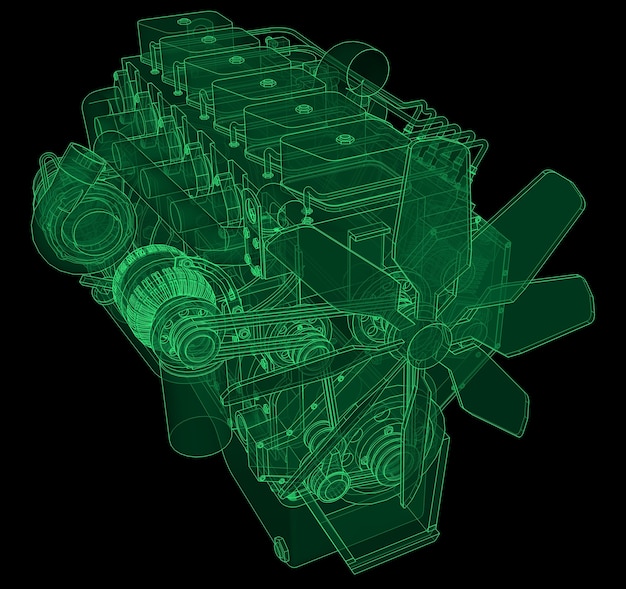 Een grote dieselmotor met de vrachtwagen afgebeeld in de contourlijnen op millimeterpapier. De contouren van de groene lijn op de zwarte achtergrond.