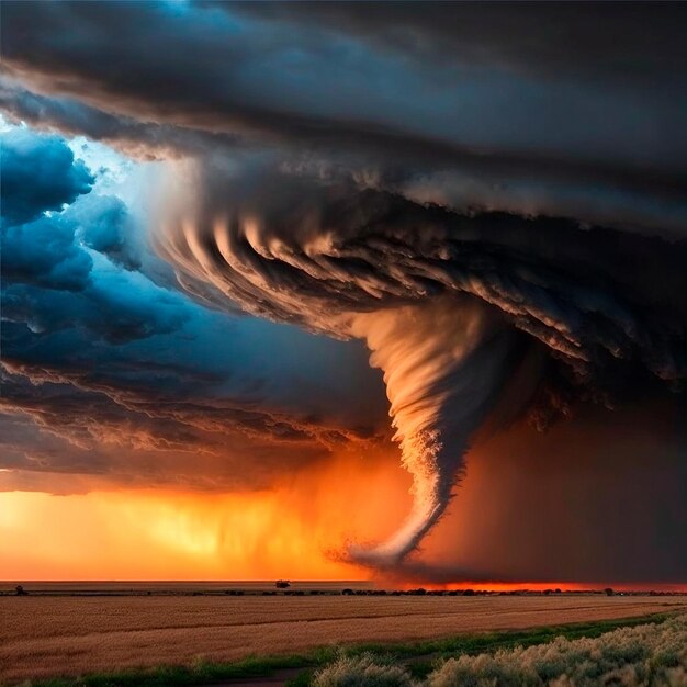 Foto een grote en enorme tornado spawnde in het veld. dramatisch en sterk filmisch beeld