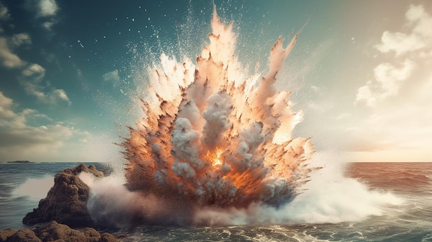 Foto een grote explosie op een achtergrond van water en lucht.