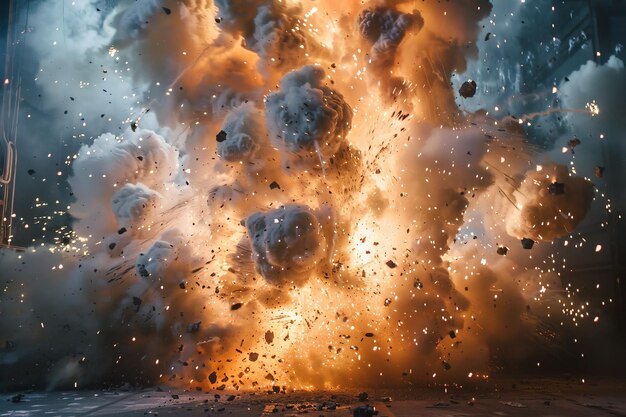 Een grote explosie straalt intense hitte en licht uit en stuurt dikke rookwolken in de lucht die een schouwspel van vernietiging creëren.