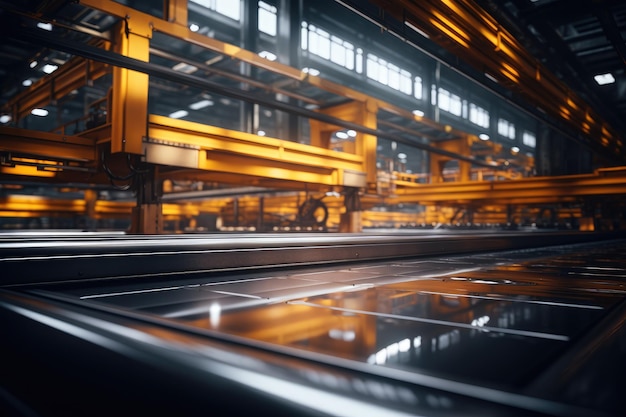 Een grote fabriek gevuld met talloze stalen staven gewijd aan de productie van een verscheidenheid aan industriële producten, metalen assemblagelijnoppervlak met een wazige dynamische fabrieksachtergrond, AI gegenereerd