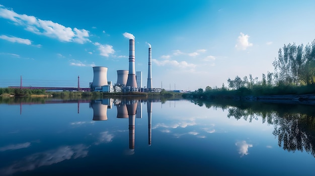 Een grote fabriek met een blauwe lucht en een weerspiegeling van het water.