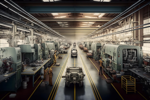 Een grote fabriek met een groot aantal machines op de vloer en een gele lijn met daarop 'machine shop'.