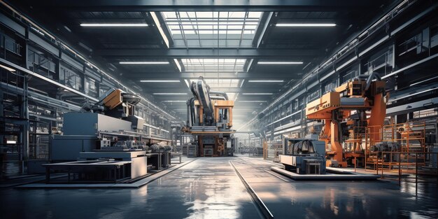 Een grote fabriekswerkplaats met hoge plafonds waar industrieel werk te zien is