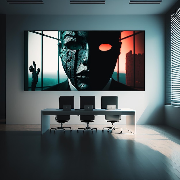 Een grote foto aan de muur met een man in een masker.