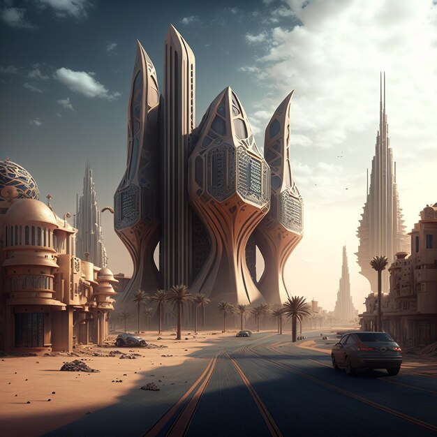 Een grote futuristische leeuwenstad gebouwen