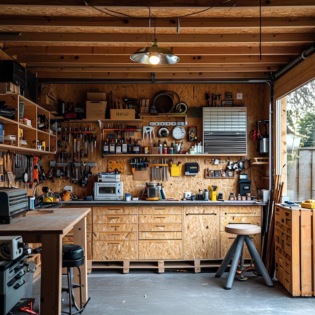 Een grote garage met veel gereedschap en spullen