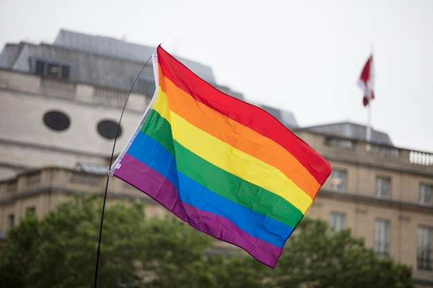 Een grote gay pride-regenboogvlag bij een lgbtq gay pride-mars