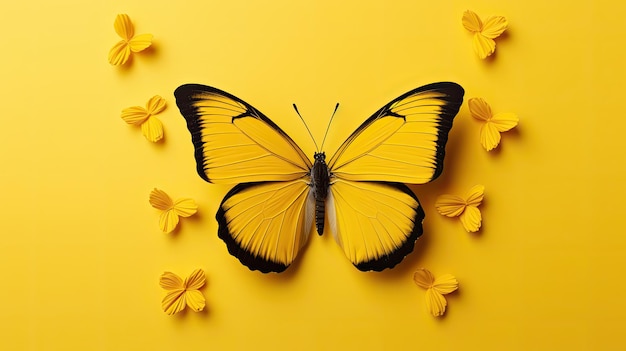 Een grote gele vlinder en papieren bloemen op een gele achtergrond