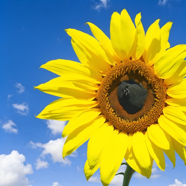 Een grote gele zonnebloem met daarachter een blauwe lucht.