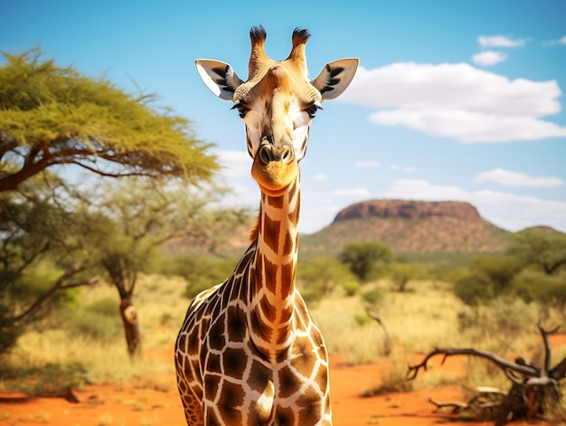 Een grote giraffe in de savanne Ai Generative