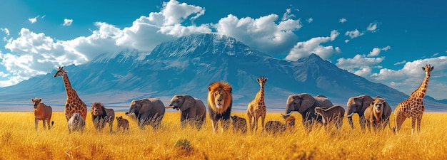 Een grote groep Afrikaanse dieren Giraffe leeuw olifant aap en anderen staan samen met een berg op de achtergrond